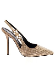 Versace 'Medusa '95' Gold-Colored Slingback Pumps with All-Over Crystals in Satin Woman