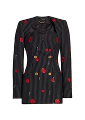 Versace Rose-Print Pinstripe Double Breasted Jacket