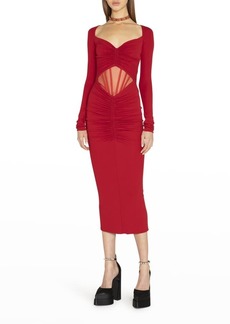 Versace Ruched Corset Mesh-Inset Midi Dress