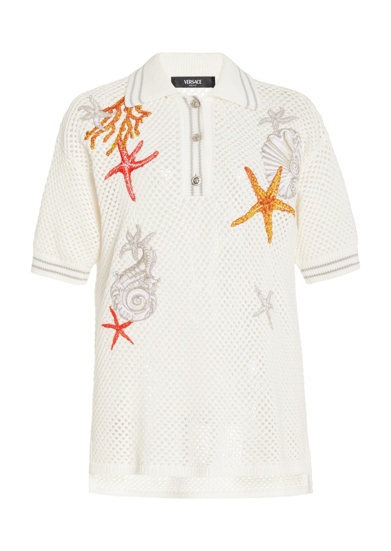 Versace - Coral-Embroidered Knit-Cotton Polo Top - White - IT 40 - Moda Operandi