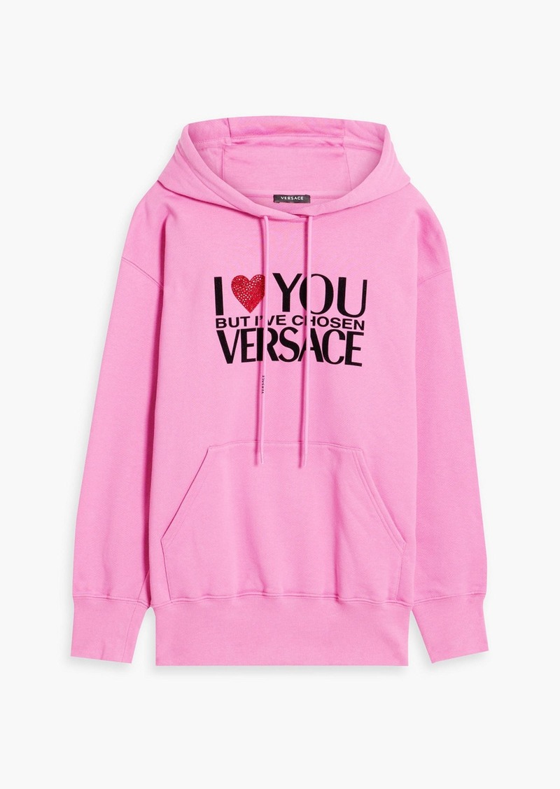 Versace - Crystal-embellished printed French cotton-blend terry hoodie - Pink - IT 38