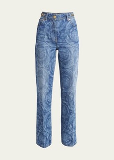 Versace Baroque-Print Stone-Washed Straight Jeans