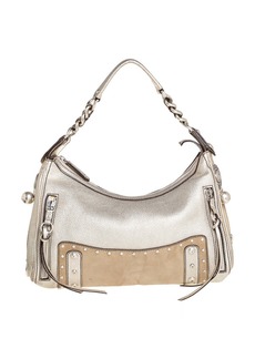 Versace /beige Leather And Suede Studded Hobo