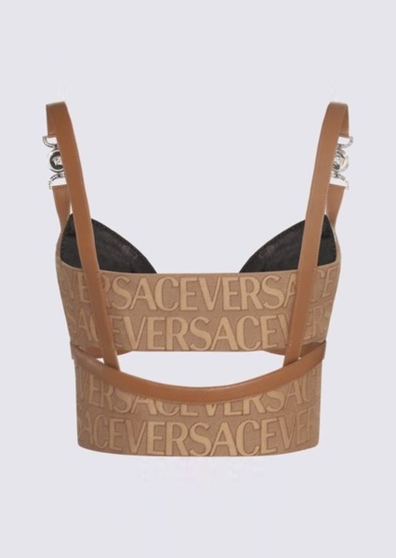 VERSACE BROWN COTTON AND LEATHER TOP