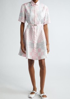 Versace Check & Barocco Print Short Sleeve Silk Shirtdress