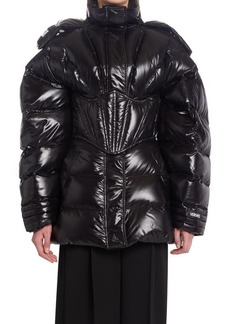 Versace Corset Overlay Quilted Down Puffer Jacket in Nero at Nordstrom