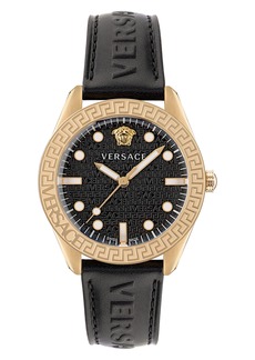 Versace Greca Dome Leather Strap Watch