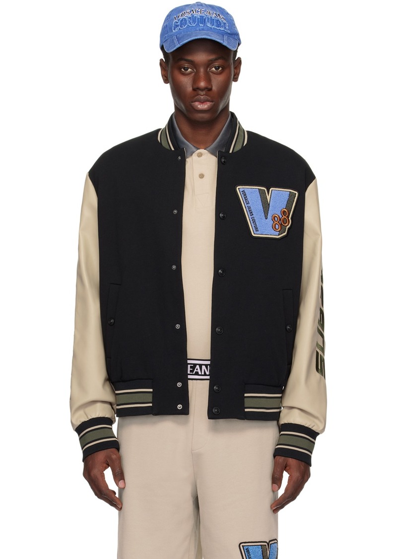 Versace Jeans Couture Black & Beige Patch Faux-Leather Bomber Jacket