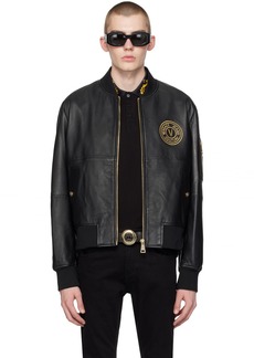 Versace Jeans Couture Black V-Emblem Leather Bomber Jacket
