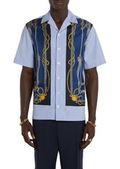Versace Nautical Stripe Cotton Poplin & Silk Button-Up Shirt