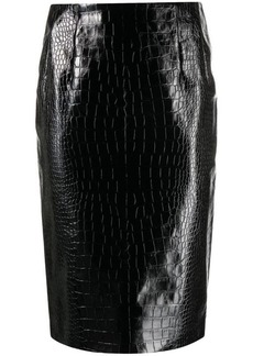VERSACE Leather crocodile print midi pencil skirt
