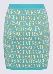 VERSACE TURQUOISE, WHITE AND GOLD-TONE COTTON BLEND SKIRT