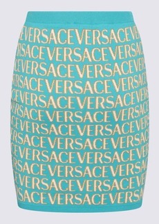 VERSACE TURQUOISE, WHITE AND GOLD-TONE COTTON BLEND SKIRT