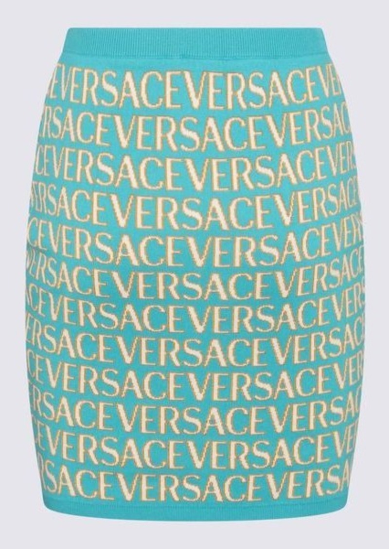 VERSACE TURQUOISE, WHITE AND GOLD-TONE COTTON BLEND SKIRT