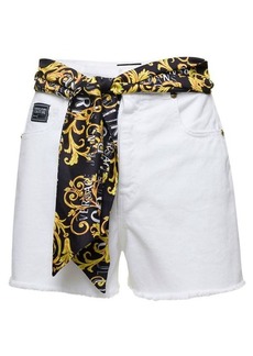 Versace White Denim High Wasited Shorts with Baroque Print Foulard in Cotton Woman