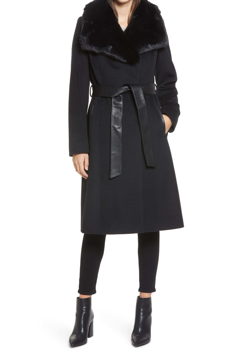 Via Spiga Faux Fur Trim Belted Wool Blend Coat