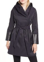 Via Spiga Faux Leather Trim Rain Jacket in Navy at Nordstrom
