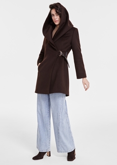 Via Spiga Women's Belted Hooded Shawl Wrap Coat - Chocolate