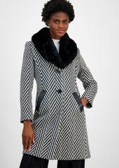 Via Spiga Women's Faux-Fur-Collar Chevron Coat - Jumbo Herringbone