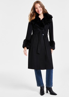 Via Spiga Women's Faux-Fur-Trim Belted Wrap Coat - Black