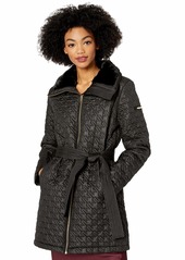 VIA SPIGA Women's Houndstooth Quilted Coat W/Faux-Fur Collar