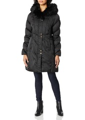 VIA SPIGA Women's Three Quarter Belted Puffer Jacket with Faux Fur Trimmed Hood
