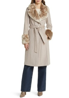 Via Spiga Wool Blend Belted Coat with Faux Fur Trim