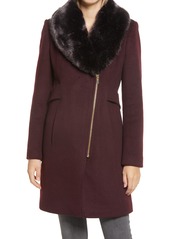 Via Spiga Asymmetrical Wool Coat with Faux Fur Collar in Burgundy at Nordstrom
