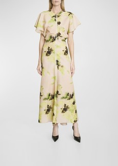 Victoria Beckham Abstract-Print Short-Sleeve Drape-Shoulder Maxi Dress