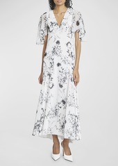 Victoria Beckham Floral-Print Flutter-Sleeve Godet Maxi Dress