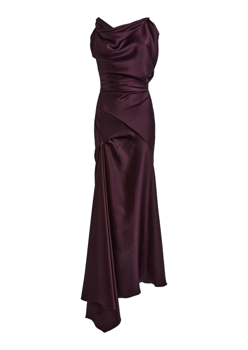 Victoria Beckham - Asymmetric Draped Satin Midi Dress - Berry - UK 14 - Moda Operandi