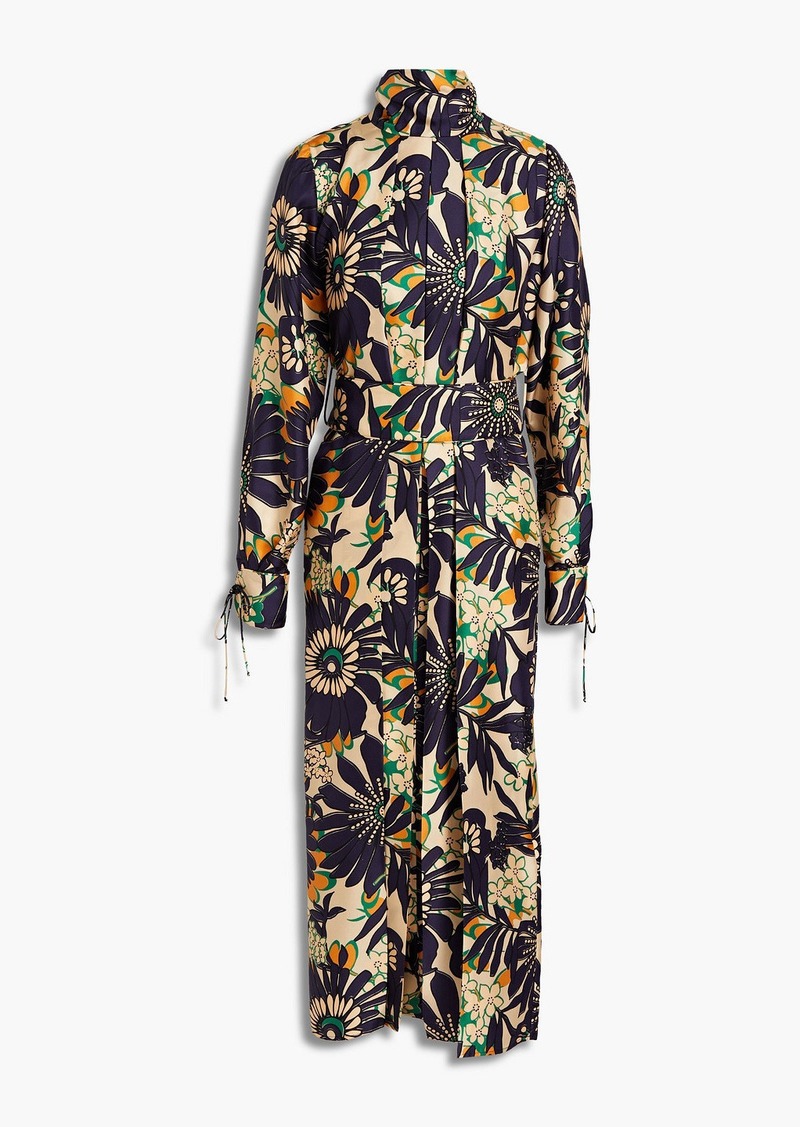 Victoria Beckham - Belted cutout pleated floral-print silk-twill midi dress - Neutral - UK 6