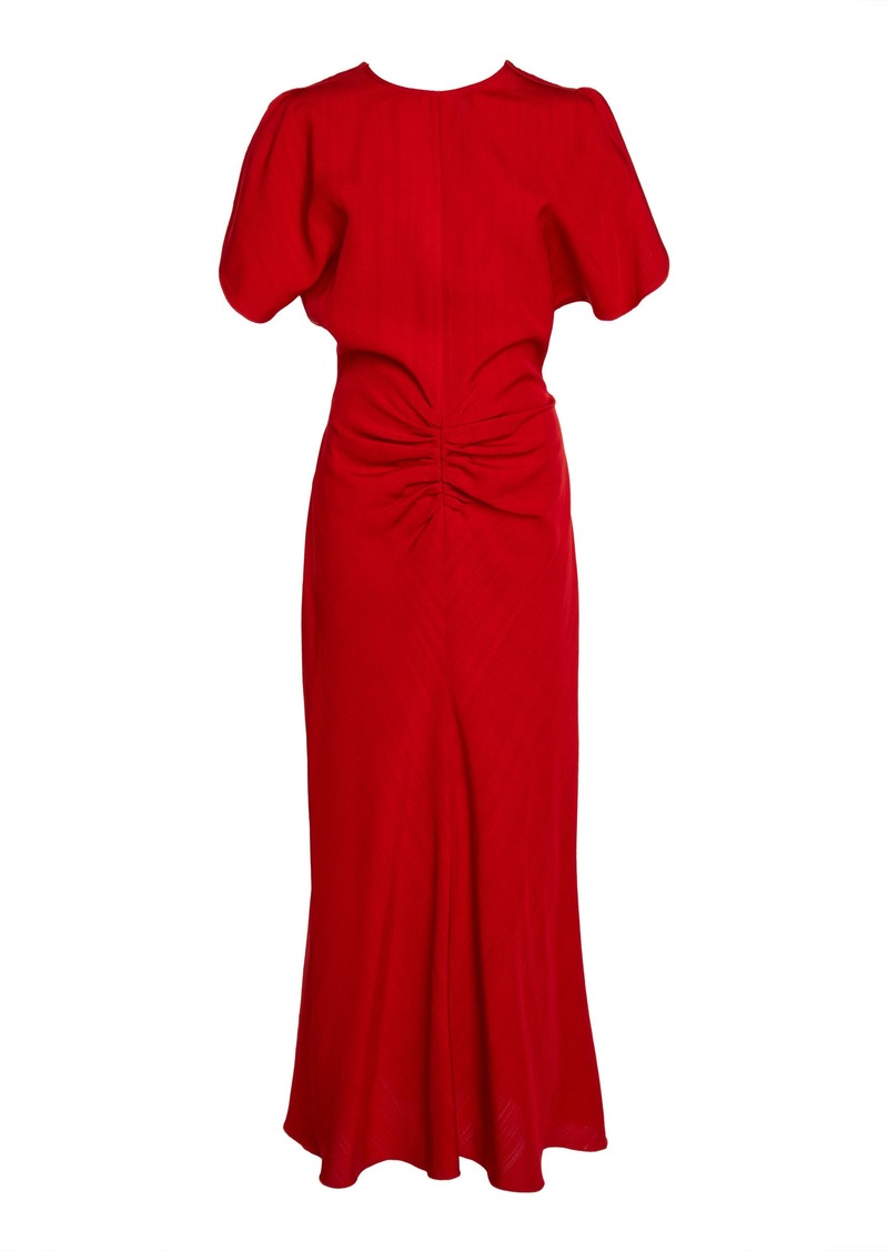 Victoria Beckham - Gathered Puff-Sleeve Crepe Midi Dress - Red - UK 14 - Moda Operandi