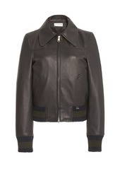 Victoria Beckham - Women's Knit-Trimmed Leather Bomber Jacket - Navy - Moda Operandi