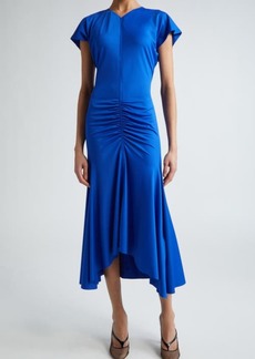Victoria Beckham Asymmetric Hem Ruched Jersey Midi Dress
