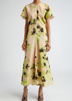 Victoria Beckham Floral Print Drape Shoulder Cloqué Dress