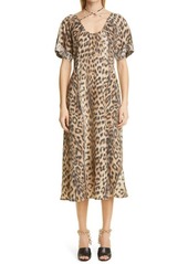 Victoria Beckham Leopard Tie Neck Midi Dress