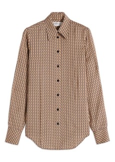 Victoria Beckham Logo Stripe Long Sleeve Button-Up Shirt in Camel/Dark Navy at Nordstrom