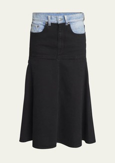 Victoria Beckham Patched Denim Fit-Flare Midi Skirt