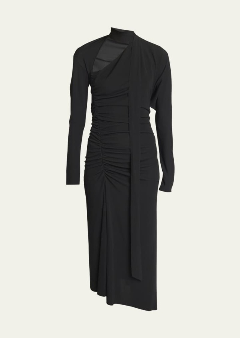 Victoria Beckham Slash-Neck Ruched Asymmetric Midi Dress