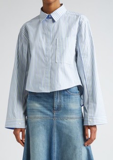 Victoria Beckham Stripe Crop High-Low Organic Cotton Button-Up Shirt
