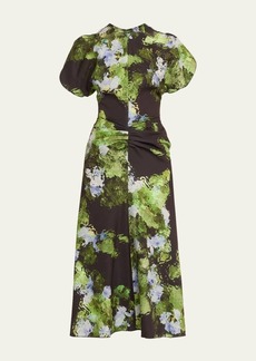 Victoria Beckham Watercolor Floral-Print Gathered Midi Dress