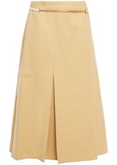 Victoria Beckham Woman Leather-trimmed Pleated Linen And Cotton-blend Midi Skirt Sand