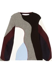 Victoria Beckham Woman Paneled Ribbed-knit Houndstooth Wool And Sateen Sweater Multicolor
