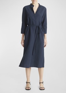 Vince Band-Collar Cotton and Linen Belted Midi Dress