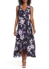 Vince Camuto Asymmetrical Faux Wrap Midi Dress in Navy/Multi at Nordstrom