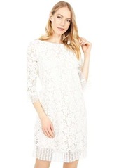Vince Camuto Lace and Flock Dot Mesh 3/4 Sleeve Pleat Ruffle Shift Dress