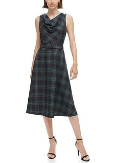Vince Camuto Plaid Cowl Neck Fit-and-Flare Belted Midi Dress