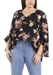 Vince Camuto Plus Size Flutter Sleeve Beautiful Blooms V-Neck Tunic Top