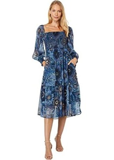 Vince Camuto Printed Chiffon Square Neck Smocking Tier Skirt Midi